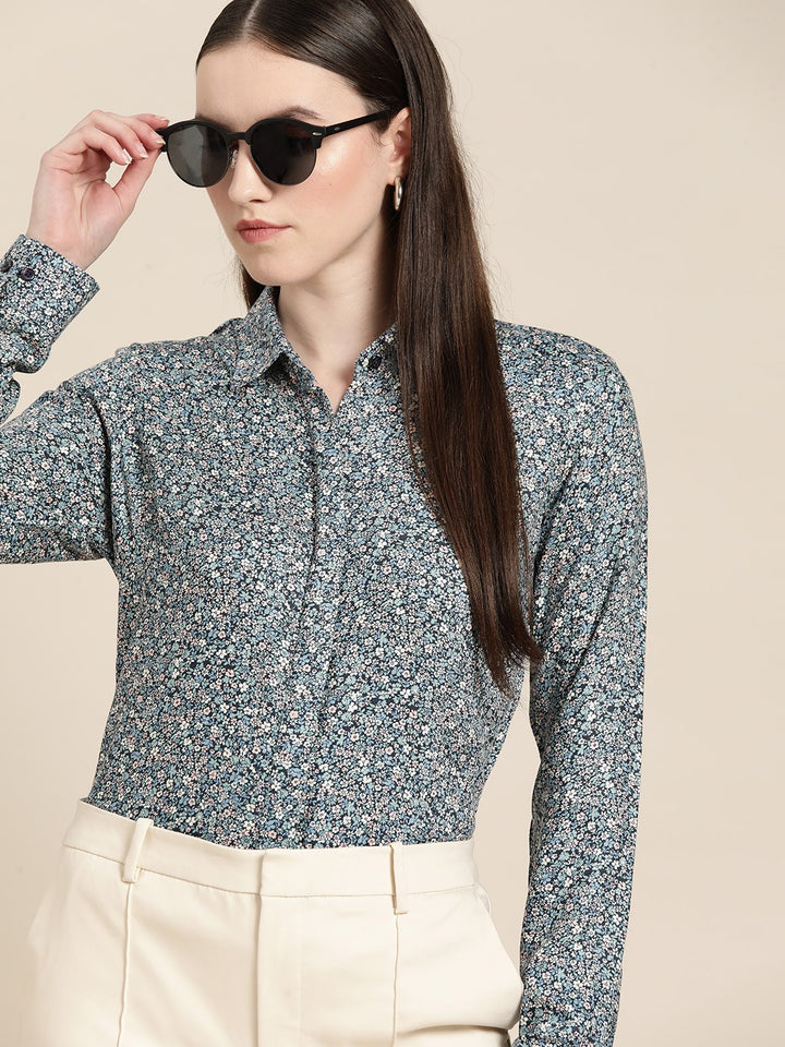 Women Navy Blue Floral Print Viscose Rayon Rayon Formal Shirt