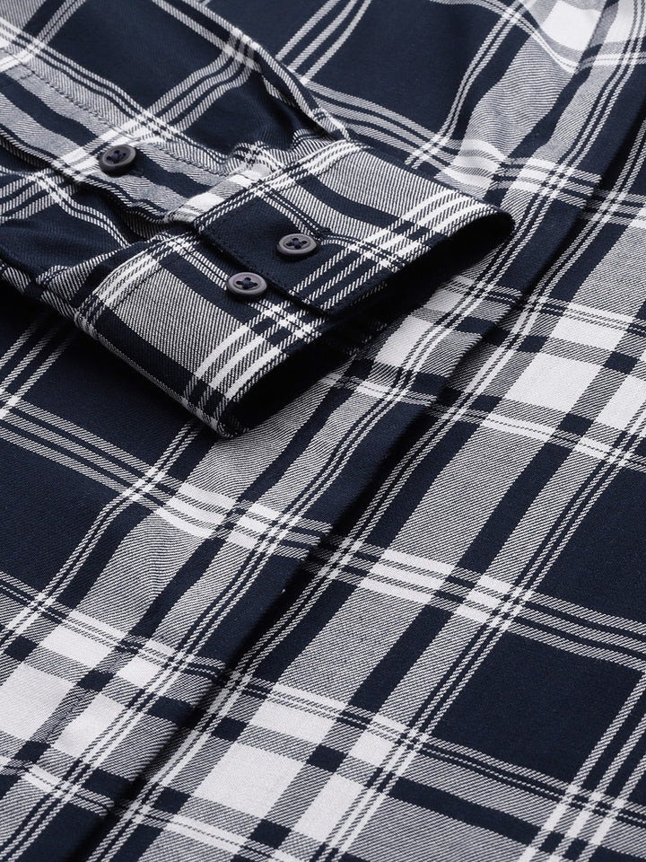 Women Navy Blue Checks Viscose Rayon Rayon Formal Shirt