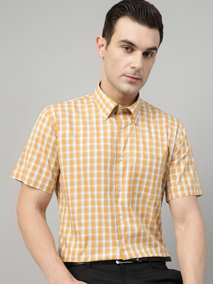 Men Mustard Check Cotton Slim Fit Formal Shirt