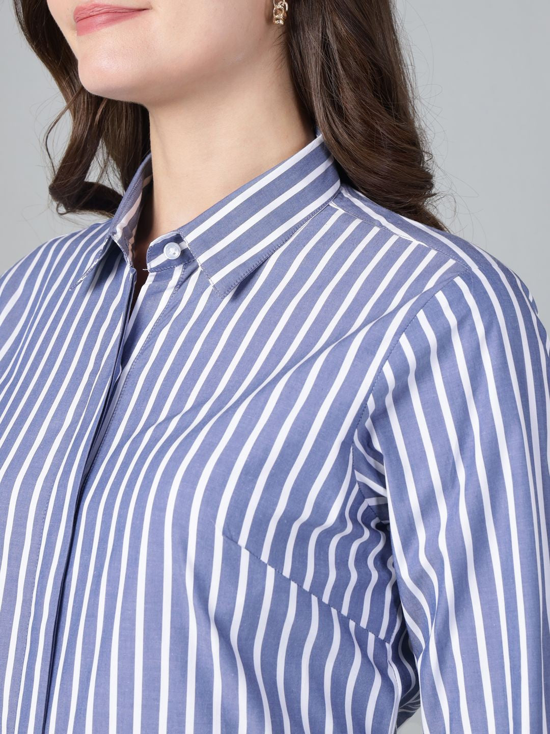 Hancock Women Blue & White Stripe Pure Cotton Regular Fit Formal Shirt