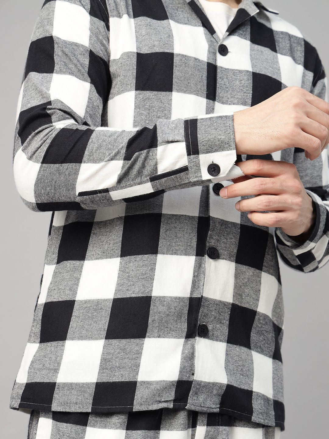 Hancock Men Black & Grey Check Pure Cotton Relaxed Fit Night Wear Night Suit