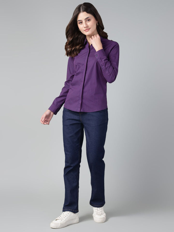 Hancock Women Navy Blue Stripe Pure Cotton Slim Fit Casual Shirt