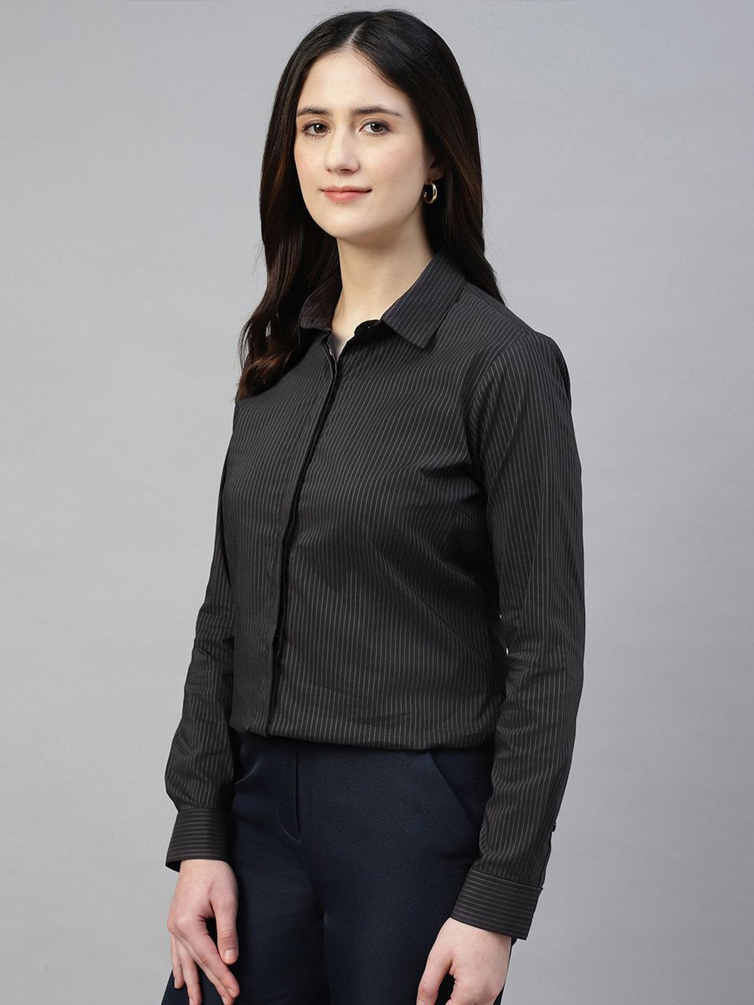 Hancock Women Black Stripe Cotton Elastene Regular Fit Formal Shirt