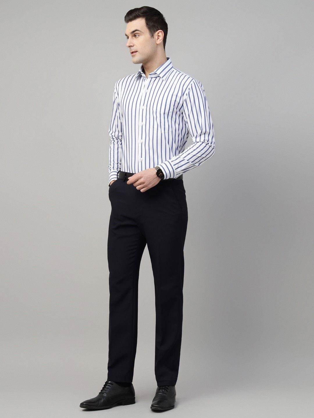 Men White & Blue Stripe Cotton Slim Fit Formal Shirt