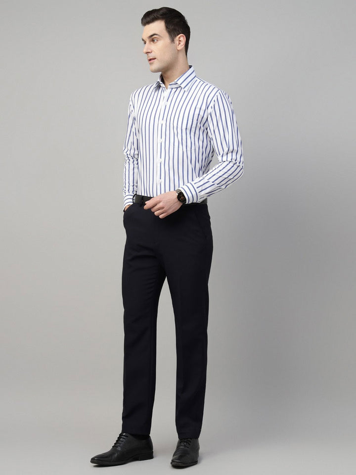 Men White & Blue Stripe Cotton Slim Fit Formal Shirt