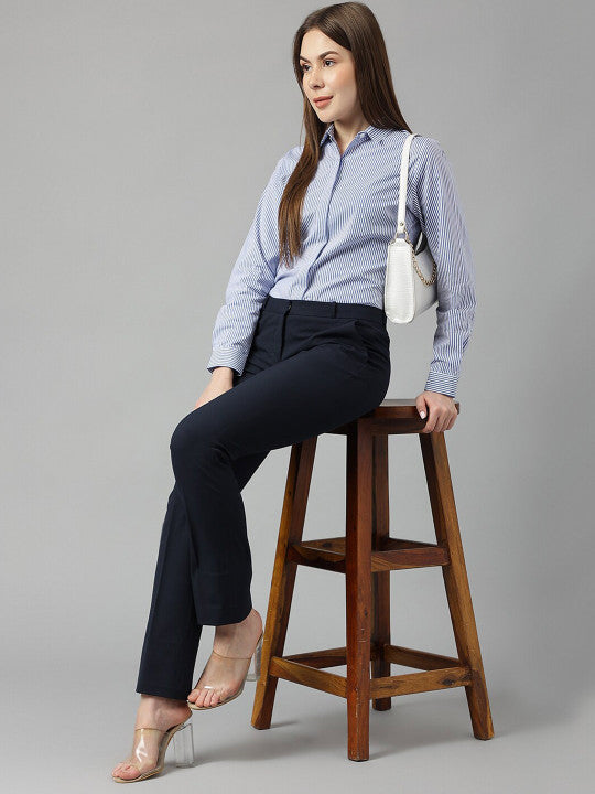 Women White&Blue Stripes Pure Cotton Slim Fit Formal Shirt