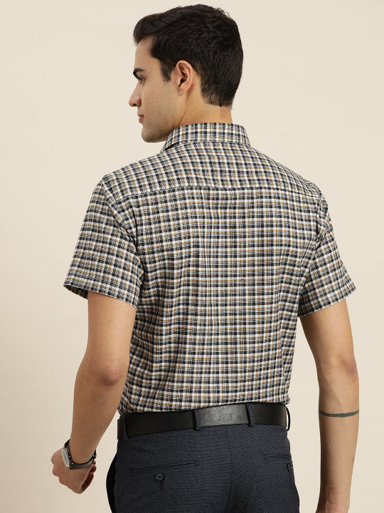 Men White & Brown Checked Cotton Rich Regular Fit Formal Shirt
