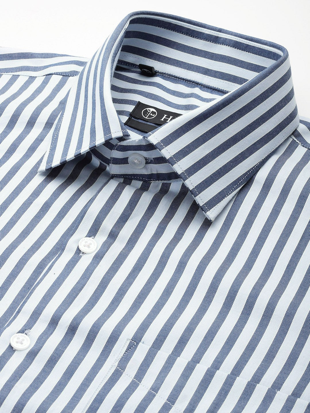 Men Blue-Navy Striped Pure Cotton Slim Fit Formal Shirt