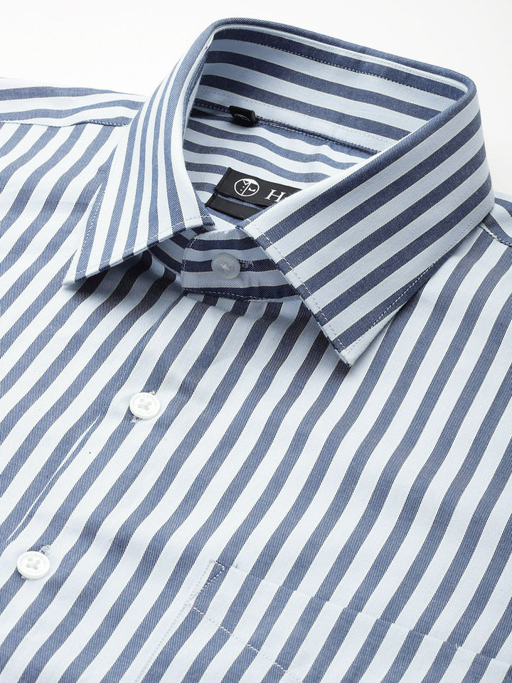 Men Blue-Navy Striped Pure Cotton Slim Fit Formal Shirt