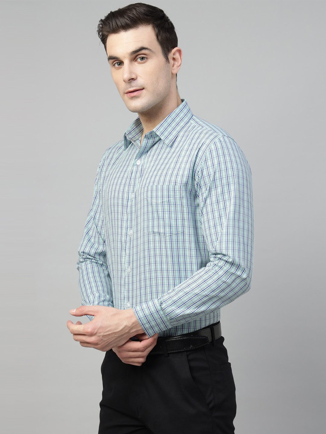 Men Green Check Cotton Slim Fit Formal Shirt