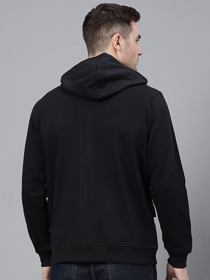 Men Black Solid Full Zipper Cargo Pocket Long Sleeves Fleece Hooded Sweatshirt