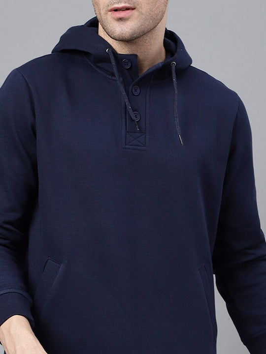 Men Navy Blue Solid Half Button Placket Long Sleeves Fleece Hooded Sweatshirt