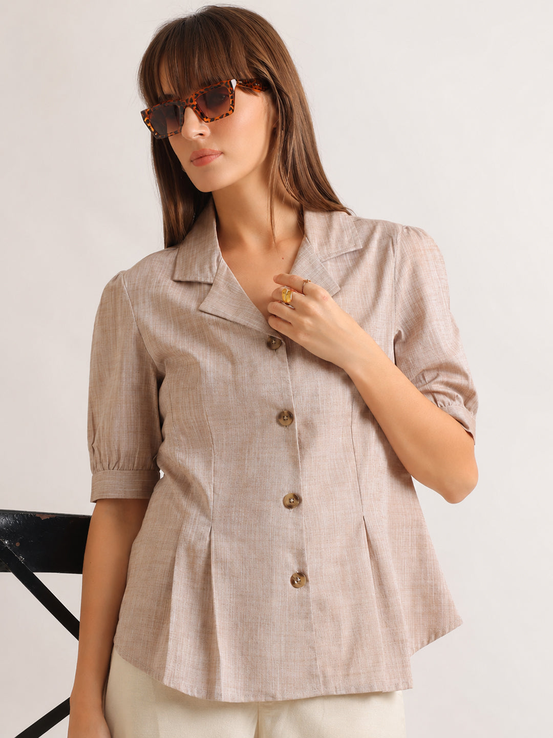 Hancock   Women   Sand Beige   Solid Self Design   Cotton Elastane   Regular Fit   Formal   Shirt