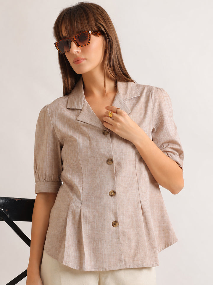 Hancock   Women   Sand Beige   Solid Self Design   Cotton Elastane   Regular Fit   Formal   Shirt