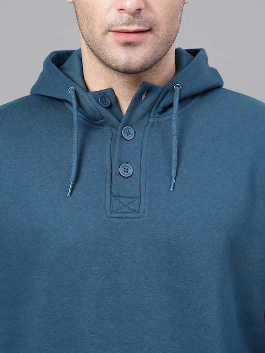 Men Turquoise Blue Solid Half Button Placket Long Sleeves Fleece Hooded Sweatshirt