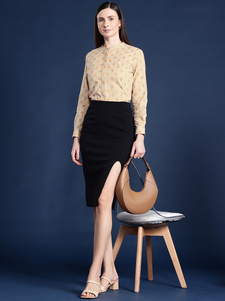 Women Beige Ethnic Print Mandarin Collar Pure Cotton Formal Shirt