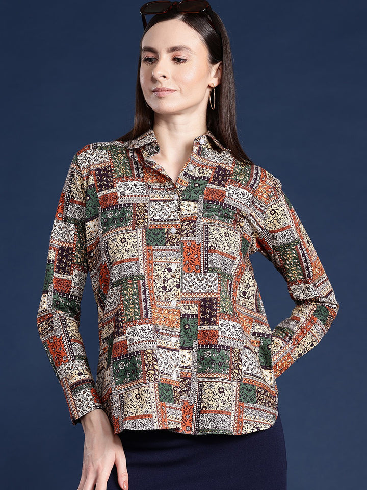 Women Beige & Olive Ethnic Print Pure Cotton Boyfriend Fit Casual Shirt