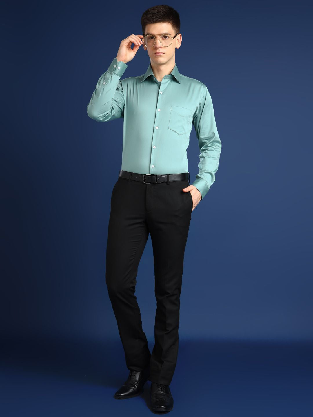 Hancock Men Jade Green Solid Cotton Elastene Slim Fit Party Shirt