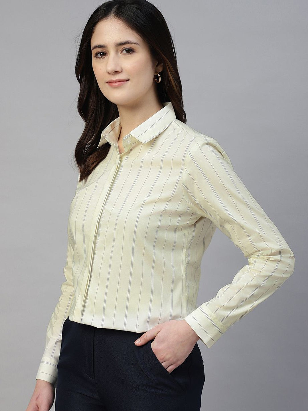 Hancock Women Cream Stripe Pure Cotton Regular Fit Formal Shirt