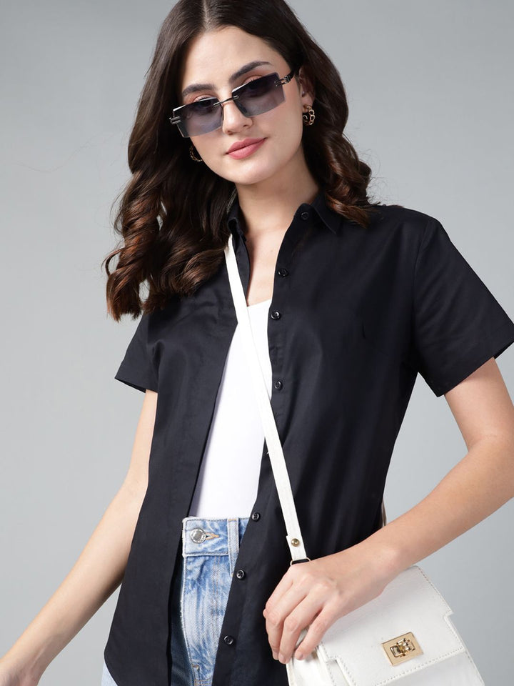 Hancock Women Black Solid Pure Cotton Short Sleeve Slim Fit Casual Shirt