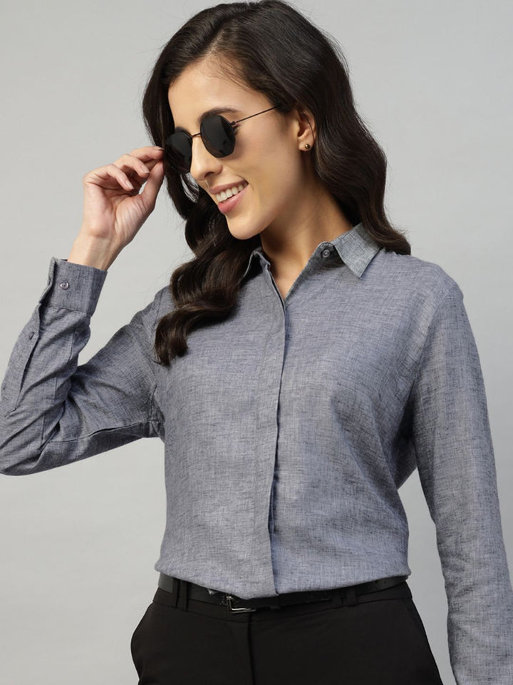 Hancock Women Grey Solid Pure Cotton Regular Fit Formal Shirt