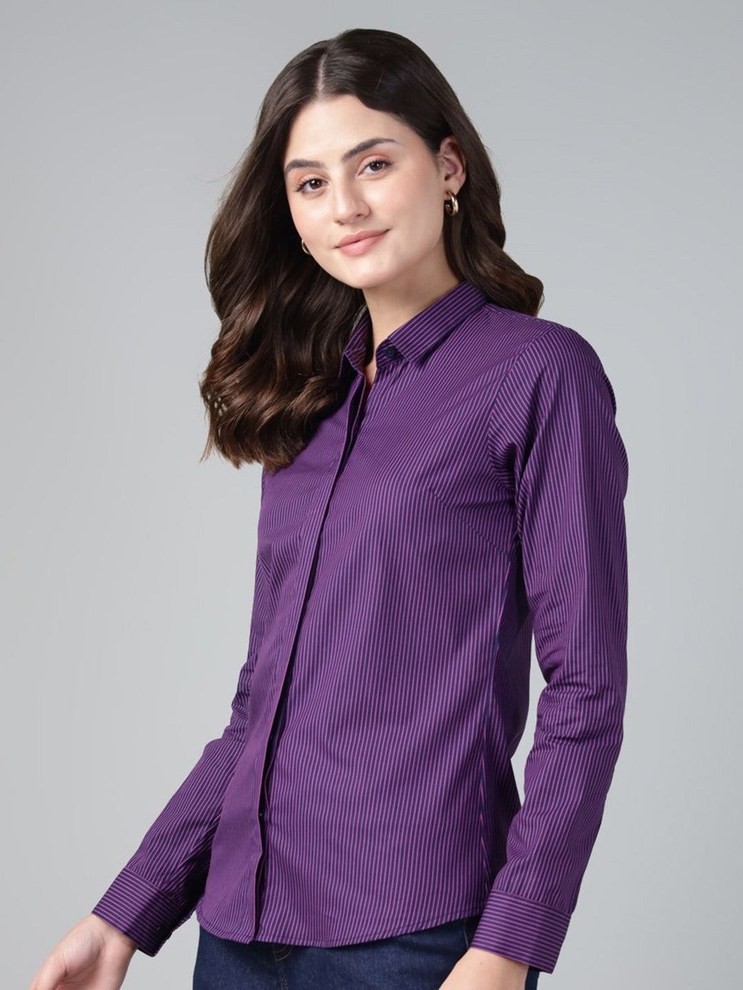 Hancock Women Navy Blue Stripe Pure Cotton Slim Fit Casual Shirt