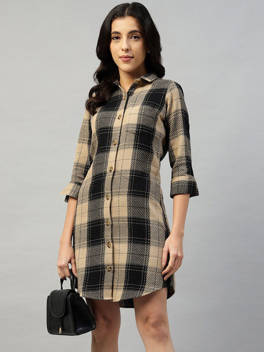 Women Beige & Black Check Pure Cotton Regular Fit Formal Dress