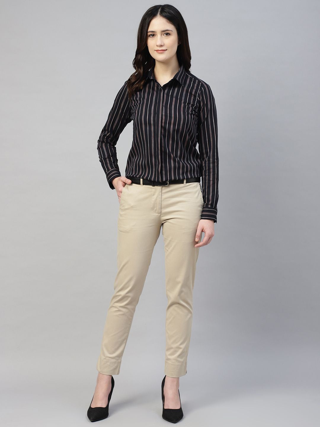 Hancock Women Navy Blue Stripe Pure Cotton Regular Fit Formal Shirt