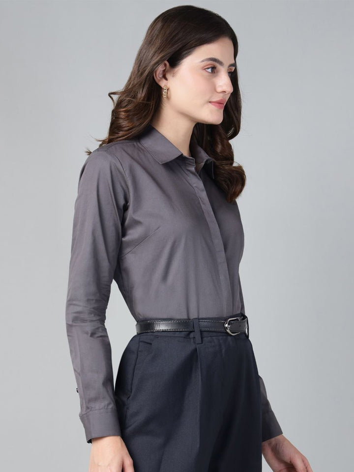 Hancock Women Dark Grey Solid Pure Cotton Regular Fit Formal Shirt