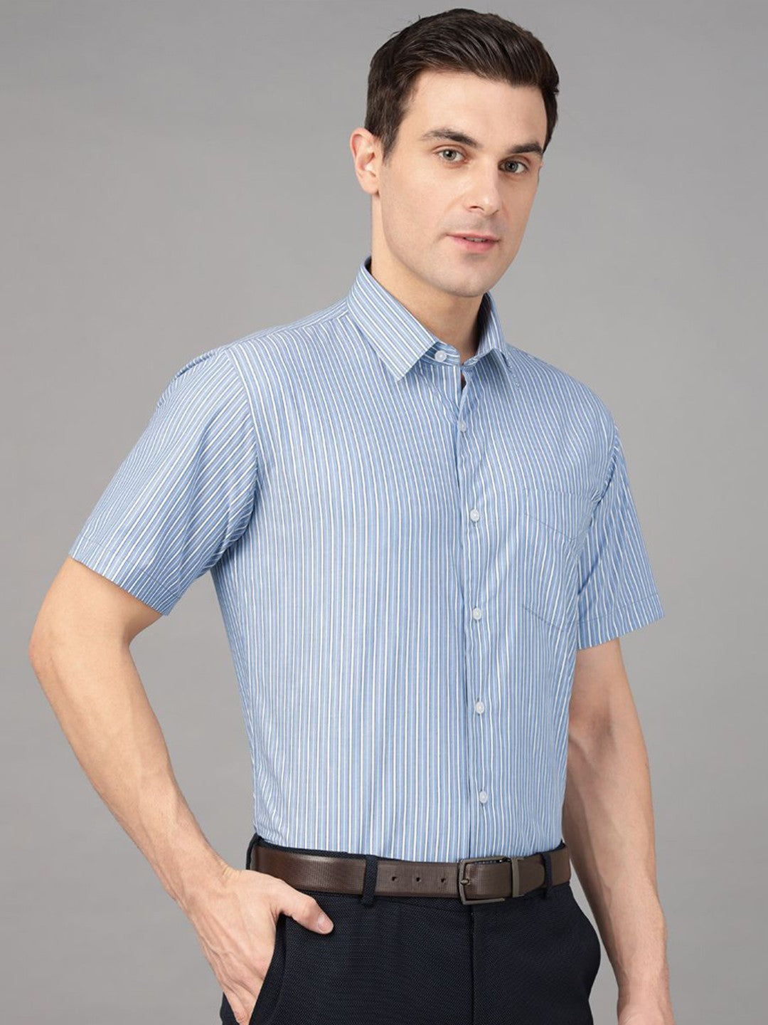 Hancock Men Blue & White Stripe Pure Cotton Slim Fit Formal Shirt