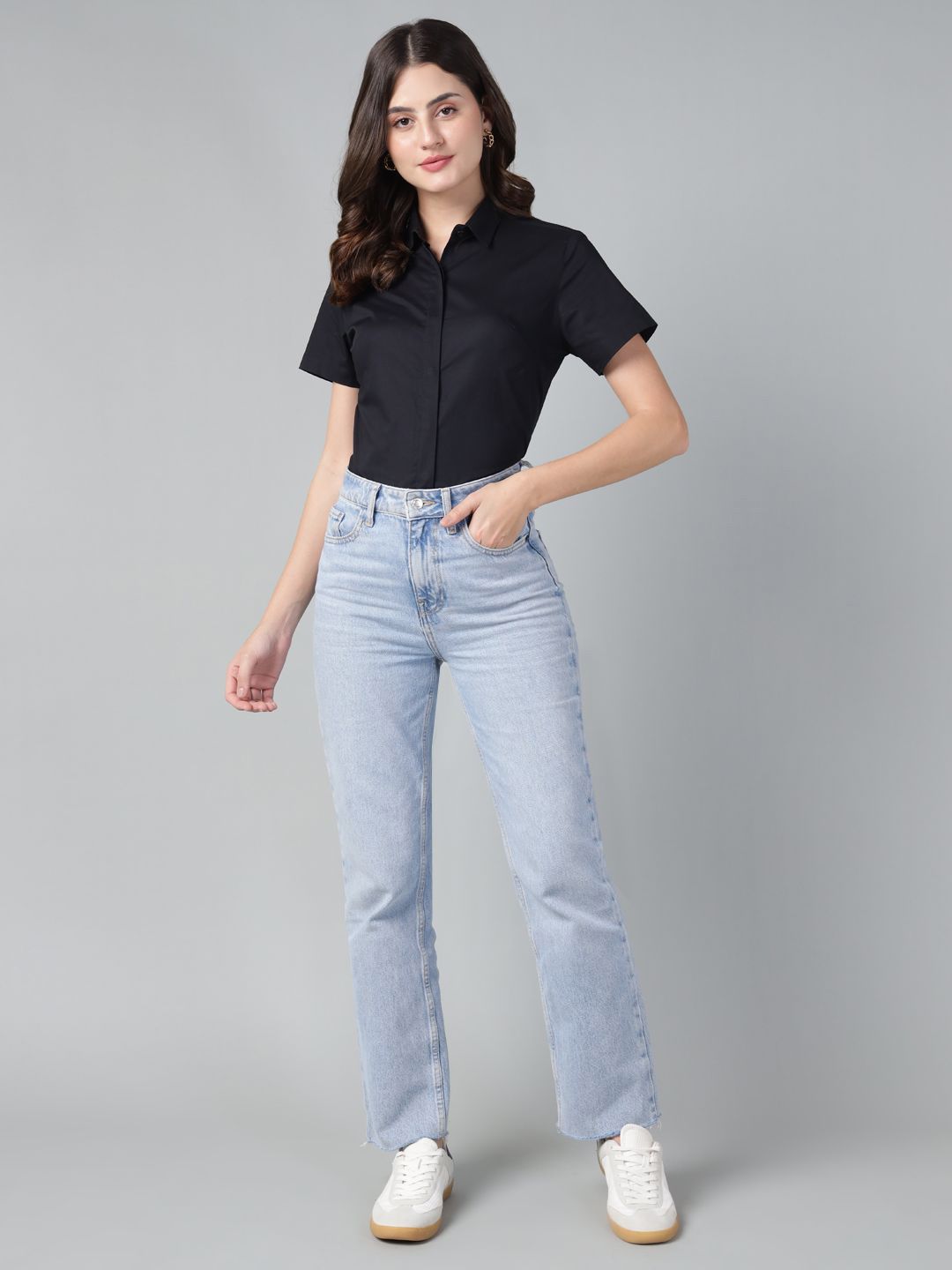 Hancock Women Black Solid Pure Cotton Short Sleeve Slim Fit Formal Shirt