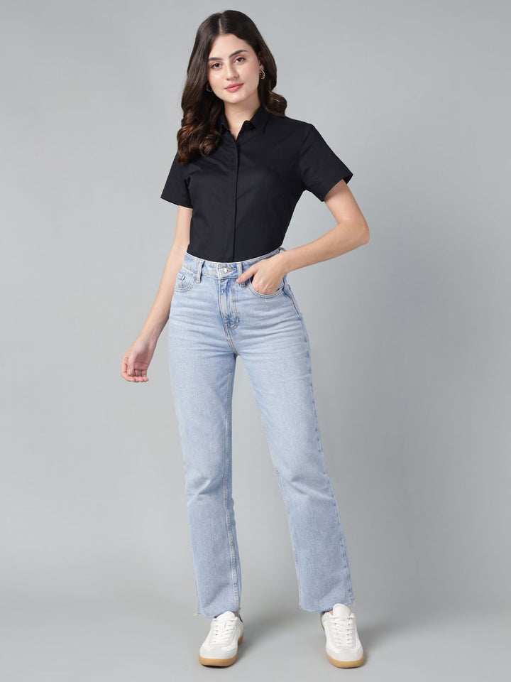 Hancock Women Black Solid Pure Cotton Short Sleeve Slim Fit Formal Shirt