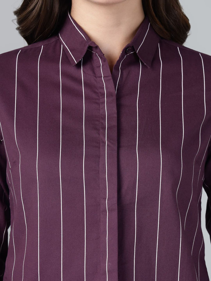 Hancock Women Wine Stripe Pure Cotton Slim Fit Casual Shirt