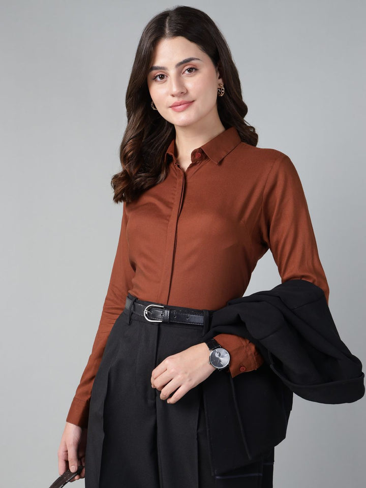 Hancock Women Rust Solid Viscose Rayon Regular Fit Formal Shirt
