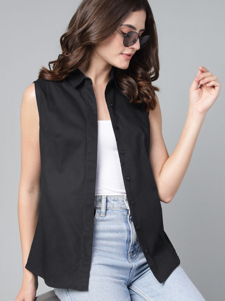 Hancock Women Black Solid Pure Cotton Sleeveless Slim Fit Casual Shirt