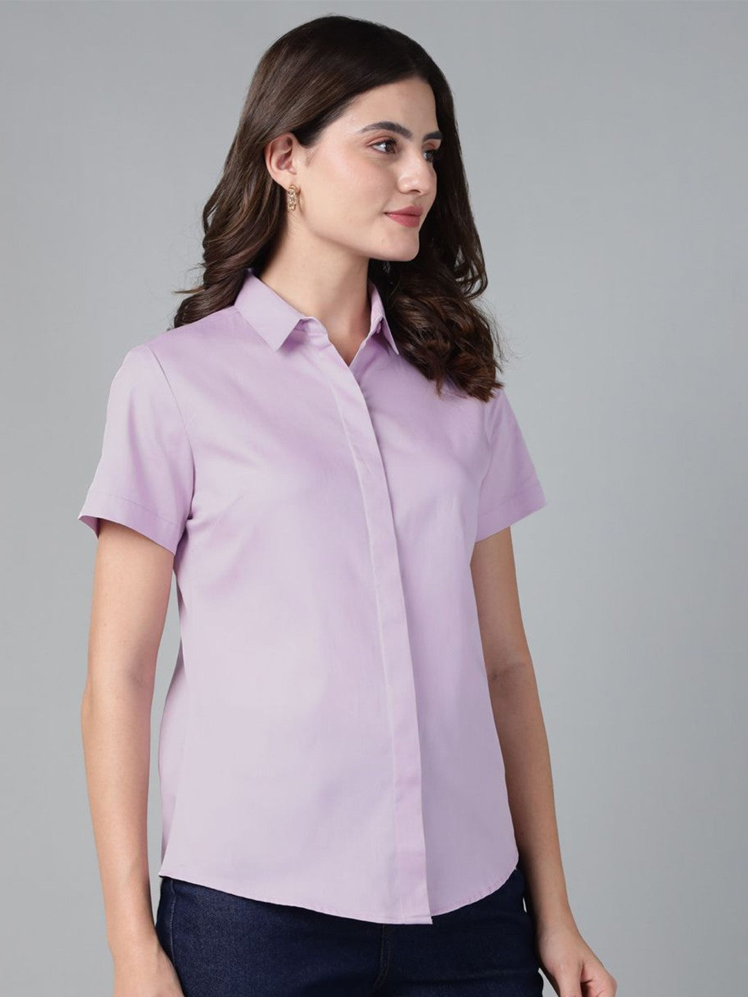Hancock Women Lavender Solid Pure Cotton Short Sleeve Slim Fit Formal Shirt