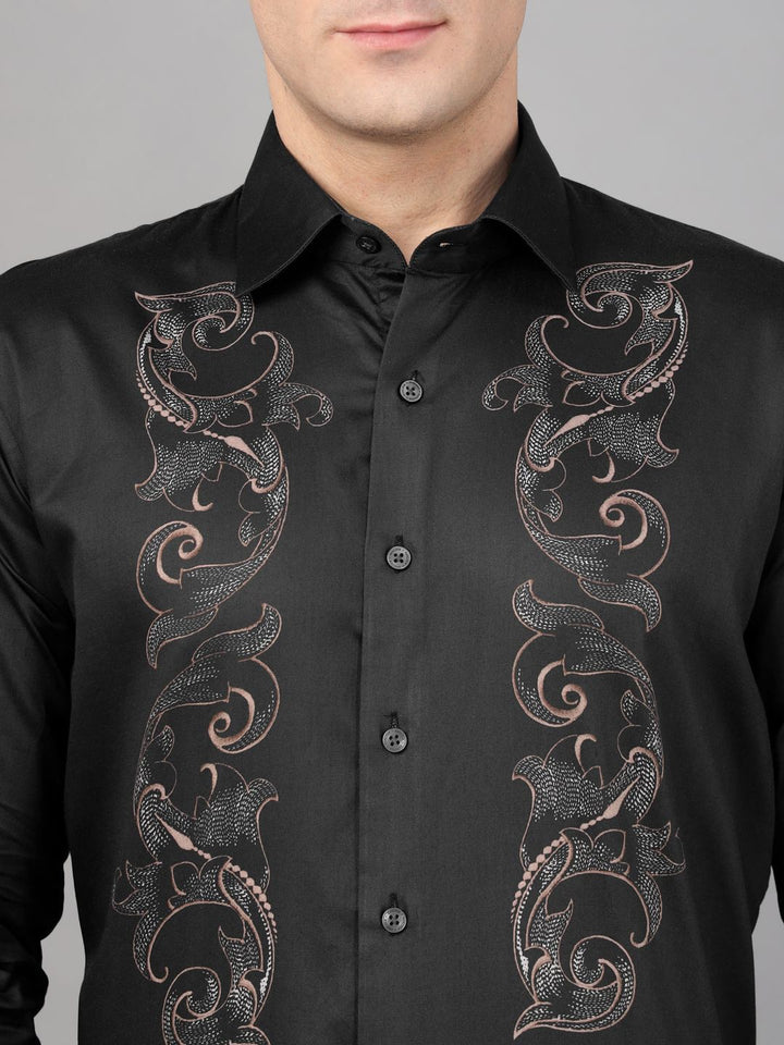 Hancock Men Black Print Wrinkle Free Pure Cotton Satin Slim Fit Party Shirt