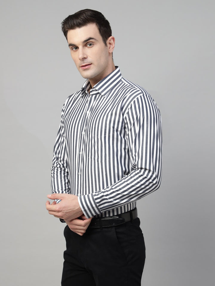 Men White & Grey Stripe Cotton Slim Fit Formal Shirt