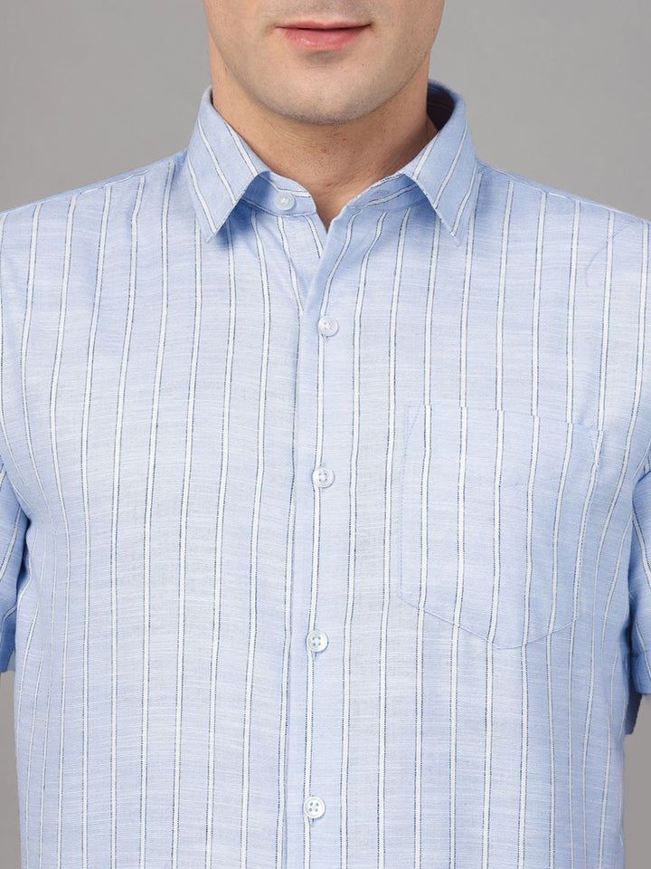 Hancock Men Sky Blue Stripe Pure Cotton Slim Fit Formal Shirt