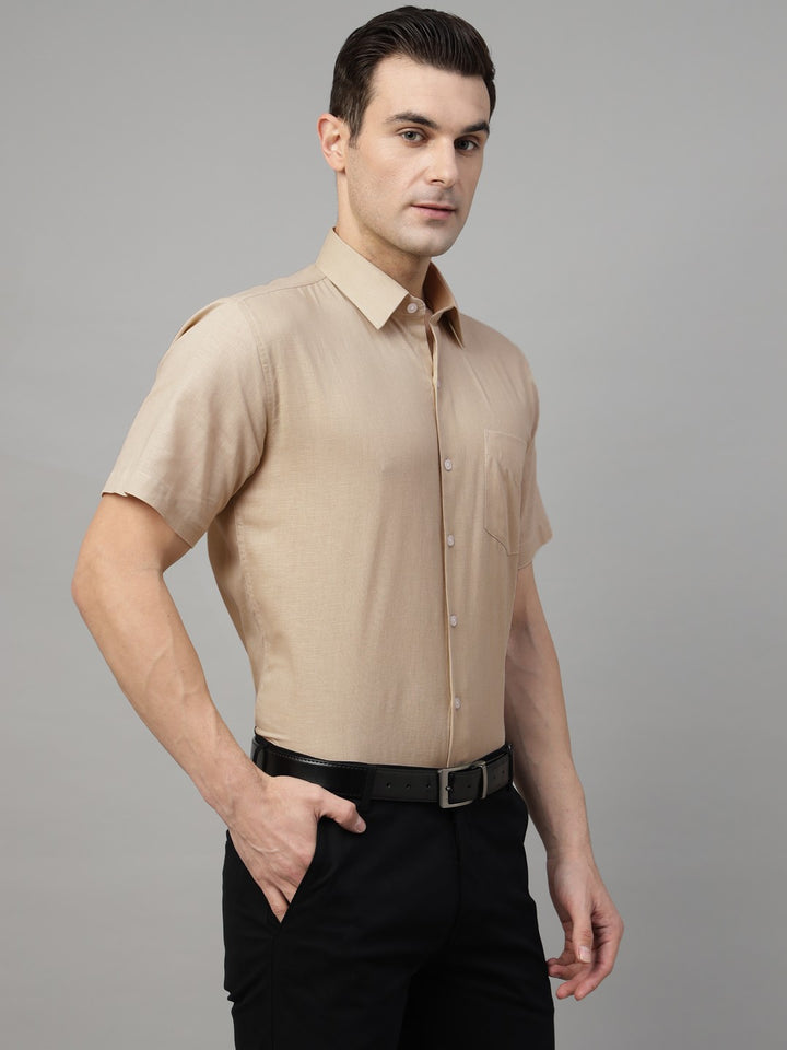 tan solid linen short sleeves shirt