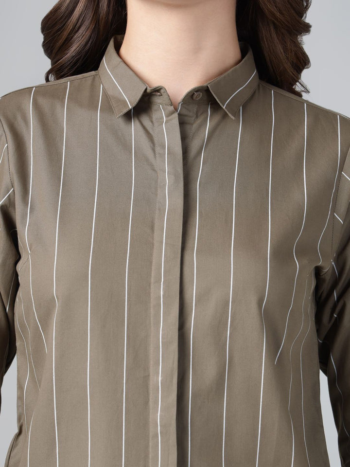 Hancock Women Olive Stripe Pure Cotton Slim Fit Casual Shirt