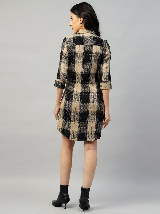 Women Beige & Black Check Pure Cotton Regular Fit Formal Dress