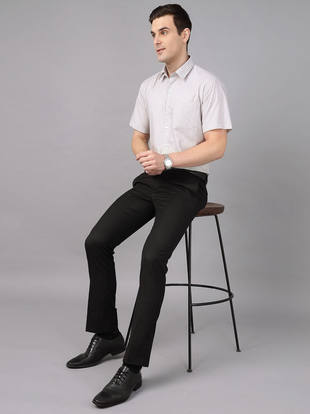 Hancock Men Basil & White Stripe Pure Cotton Slim Fit Formal Shirt
