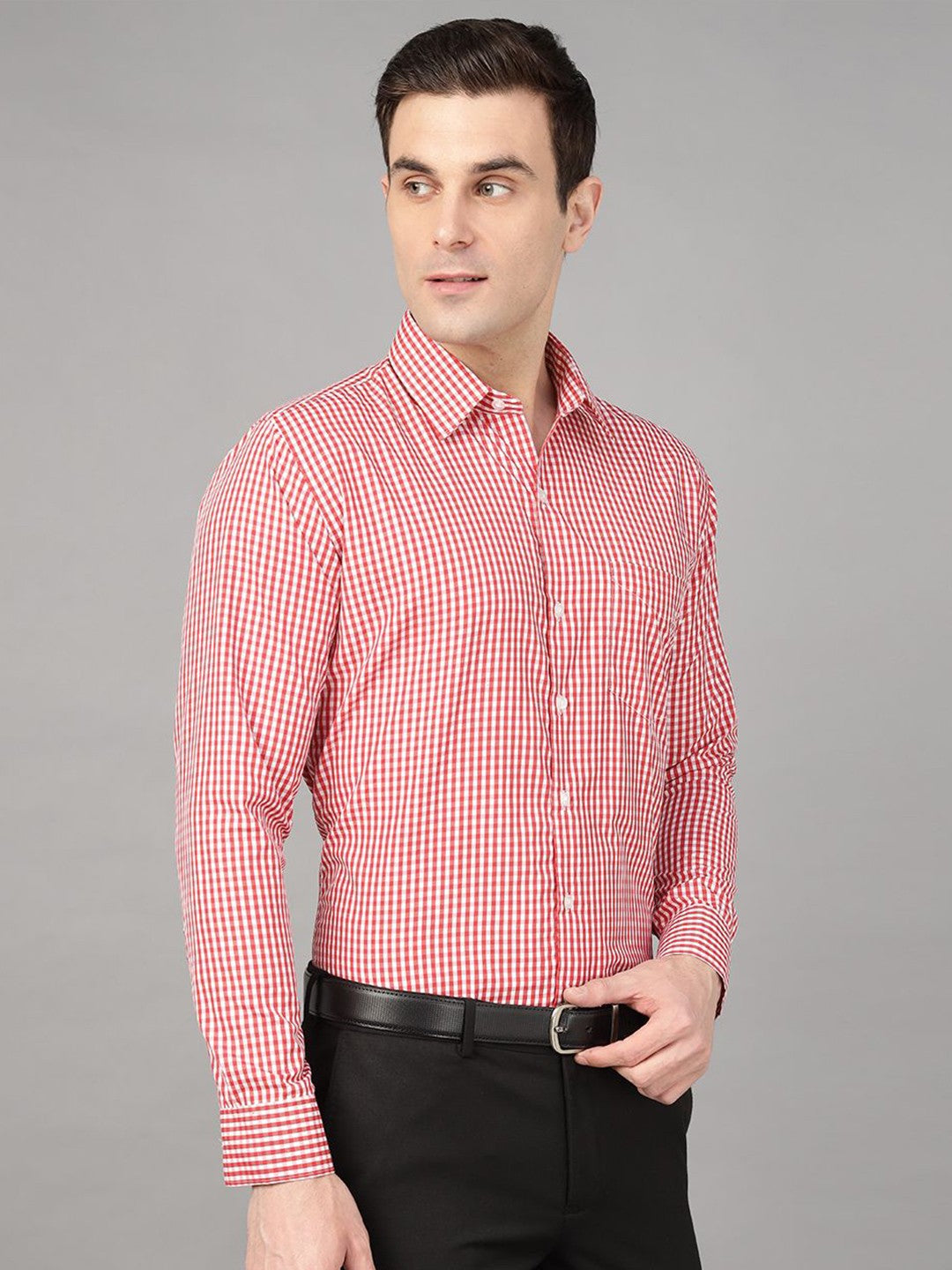 Hancock Men Red Check Pure Cotton Slim Fit Formal Shirt