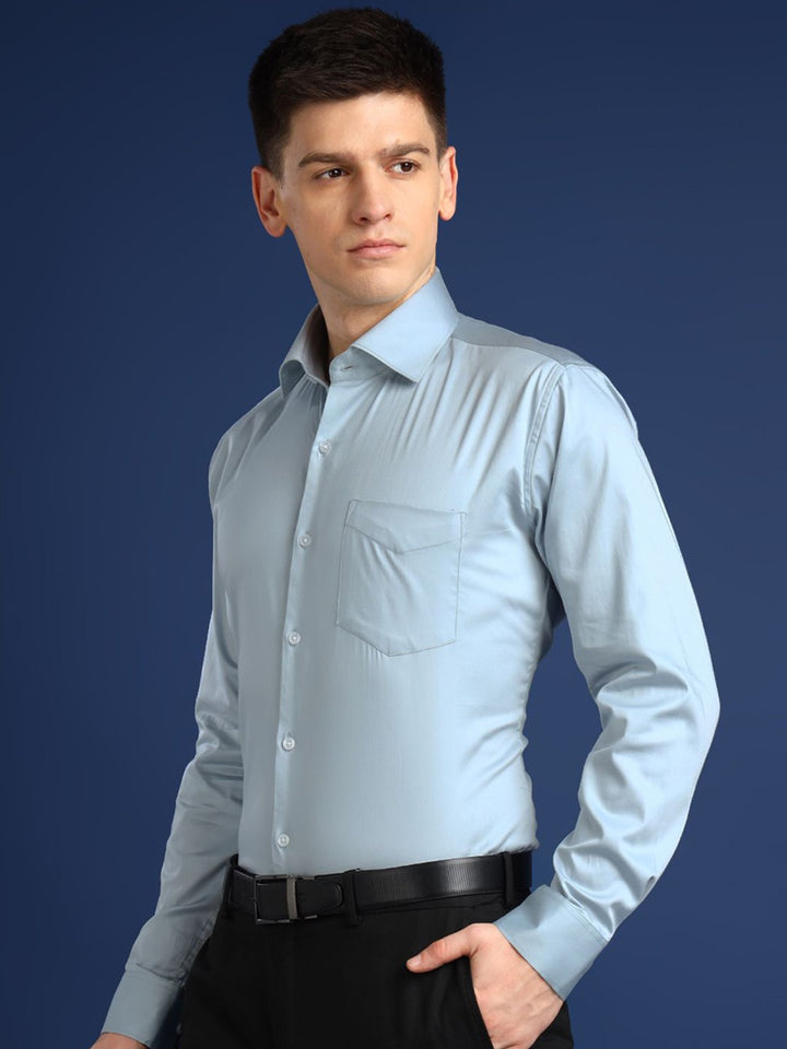 Hancock Men Turquoise Solid Cotton Elastene Slim Fit Party Shirt