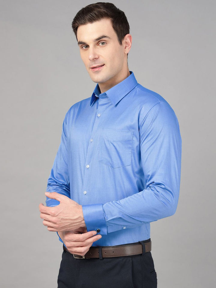 Hancock Men Blue Solid Pure Cotton Chambray Slim Fit French Cuff Formal Shirt
