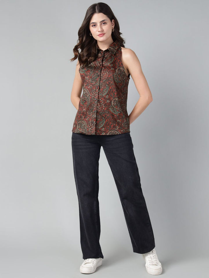Hancock Women Maroon Print Pure Cotton Sleeveless Regular Fit Casual Shirt