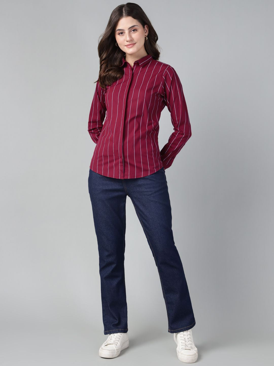Hancock Women Maroon Stripe Pure Cotton Slim Fit Casual Shirt