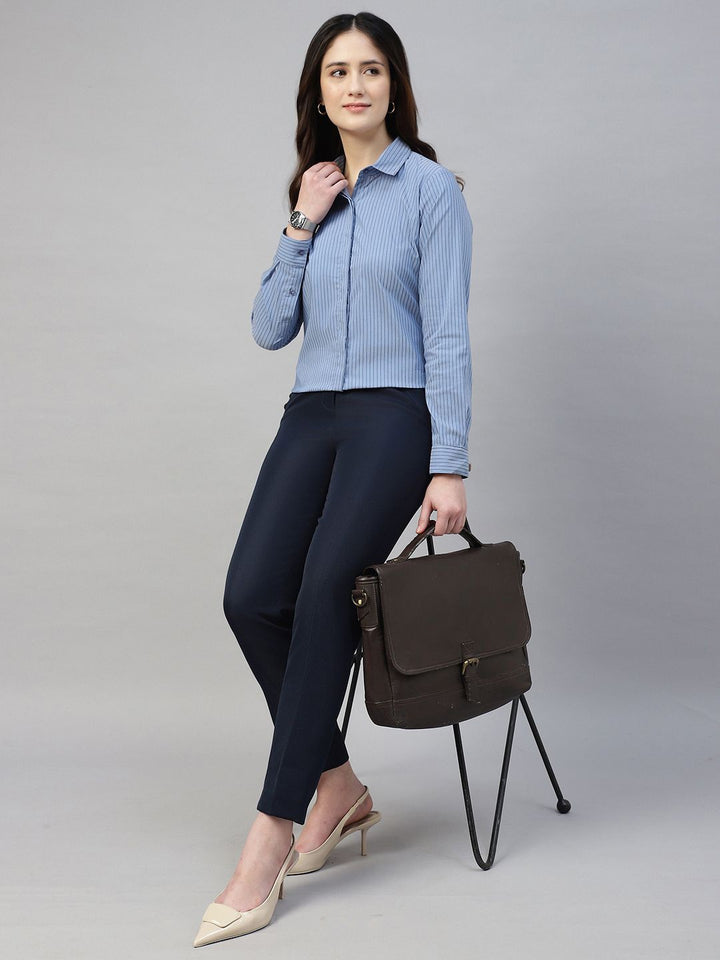 Hancock Women Blue Stripe Cotton Elastene Regular Fit Formal Shirt