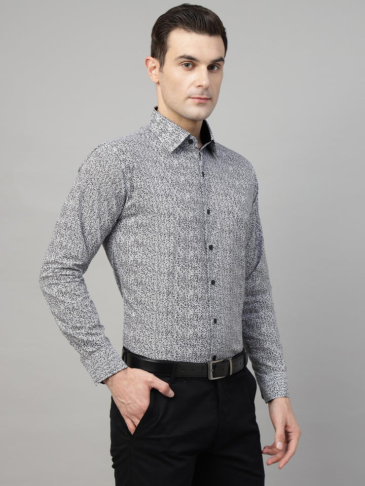 Men White & Black Print Cotton Slim Fit Formal Shirt